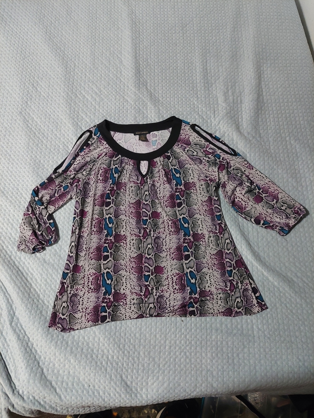 Susan Lawrence Purple and Blue Abstract Print Top with Black Trim